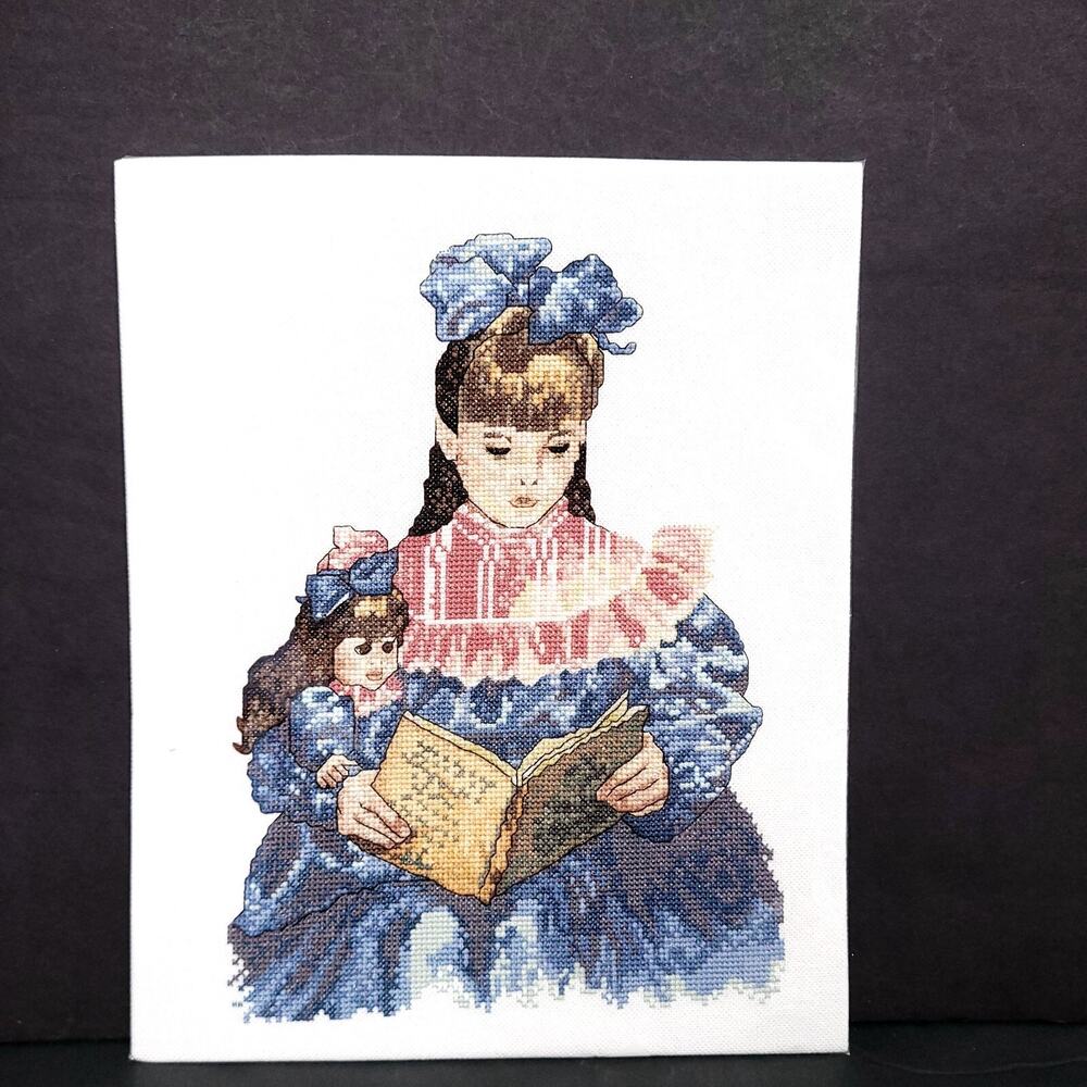 Handmade Completed Cross Stitch Victorian Girl Doll Reading Book Needlework Art